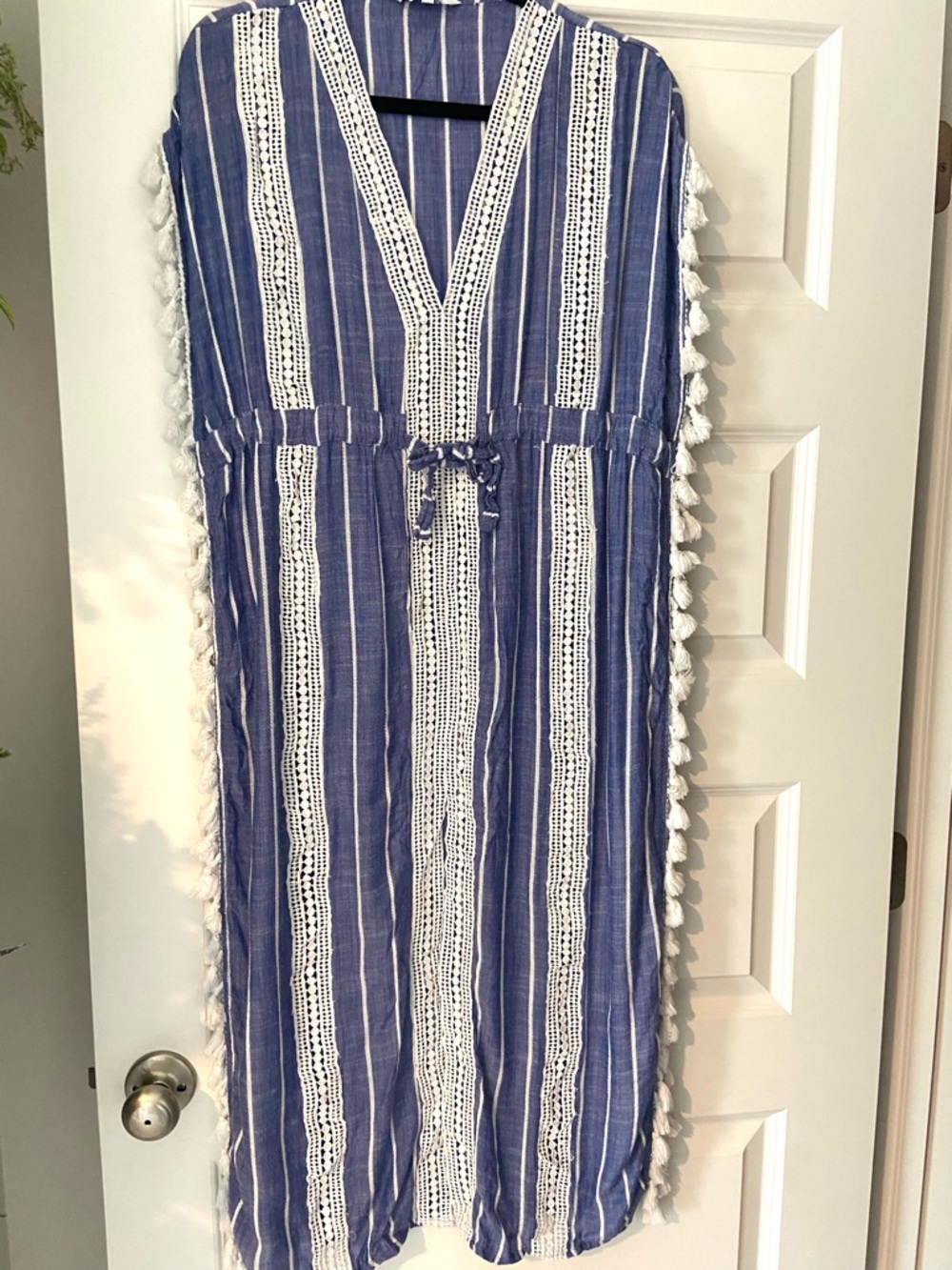 Blue Island Boho Blue & White Striped Tassel Caftan XS